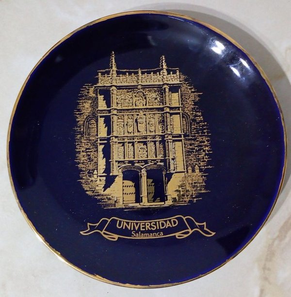 Platillo Ornamental Porcelana Azul Cobalto Universidad Salamanca Oro Ley - imagen 1