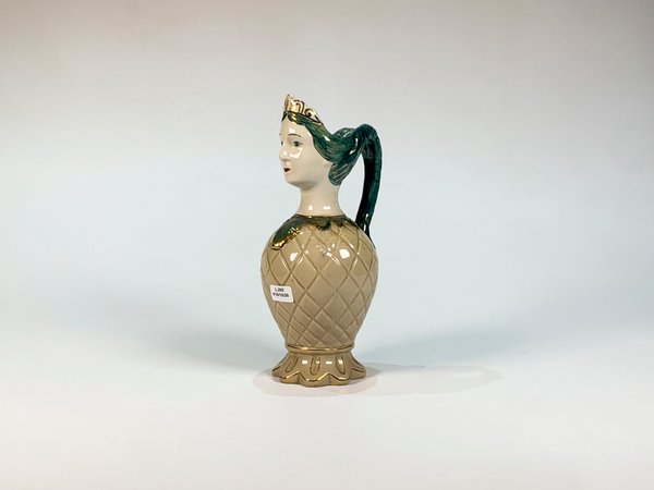 Jarra de cerámica antigua con rostro de dama, verde y gris, 25 cm
