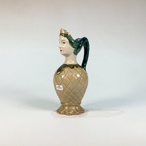 Lote siguiente: Jarra de cerámica antigua con rostro de dama, verde y gris, 25 cm