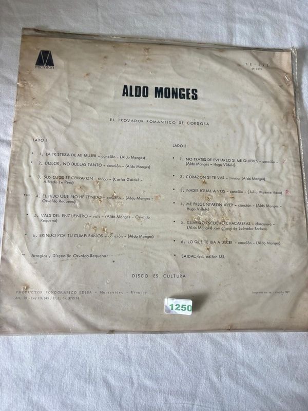 Disco de Vinilo Aldo Monges "El Trovador Romántico de Córdoba" - imagen 1