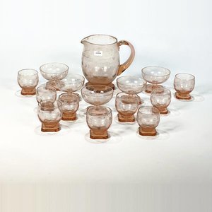 Jarra y Copas de Cristal Rosado con Círculos Esmerilados - imagen 1