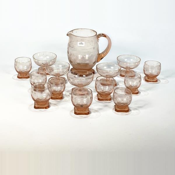 Jarra y Copas de Cristal Rosado con Círculos Esmerilados