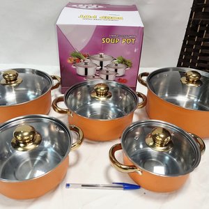 Lote siguiente: Juego de 5 Ollas de Acero Inoxidable con Tapas de Vidrio y Mangos Remachados
