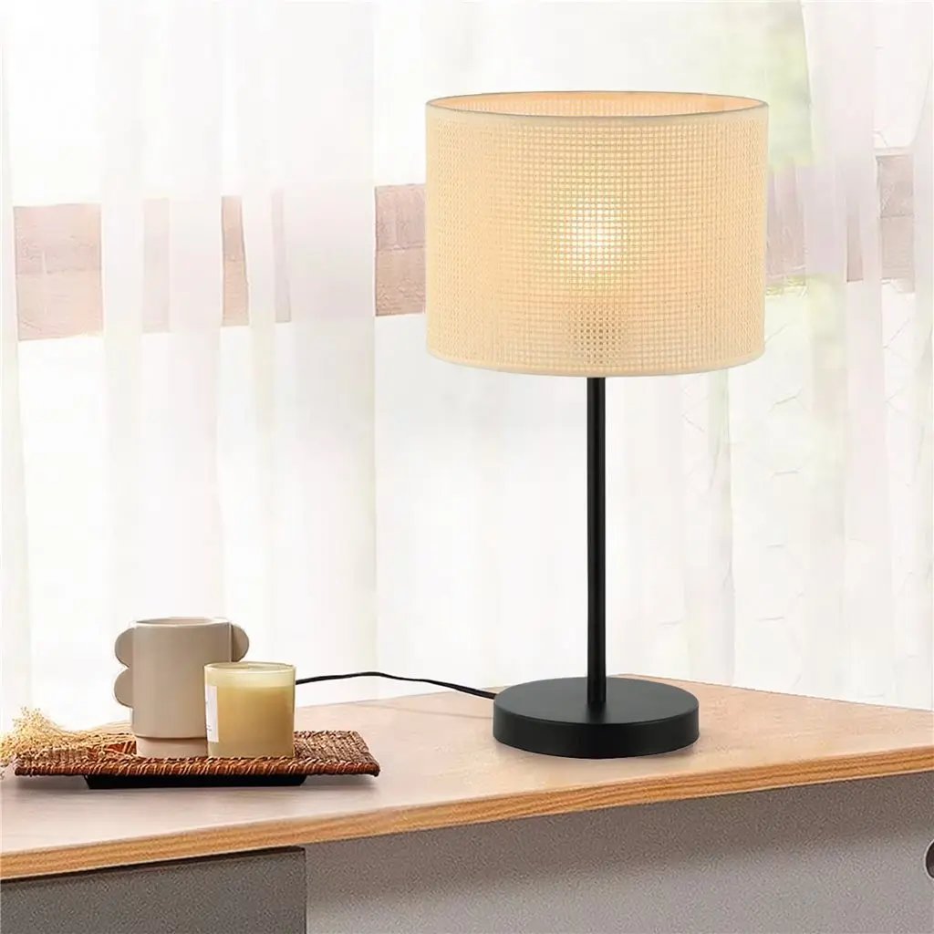 Lámpara de Mesa Tejida Beige y Metal Negro