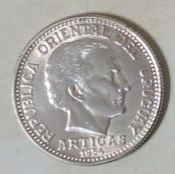 Moneda Uruguaya de Plata 1954 - 20 Centésimos con Efigie de Artigas