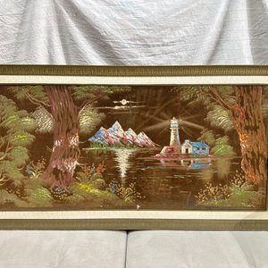 Cuadro Horizontal Gobelino Paisaje Marino con Faro y Marco de Madera - imagen 2