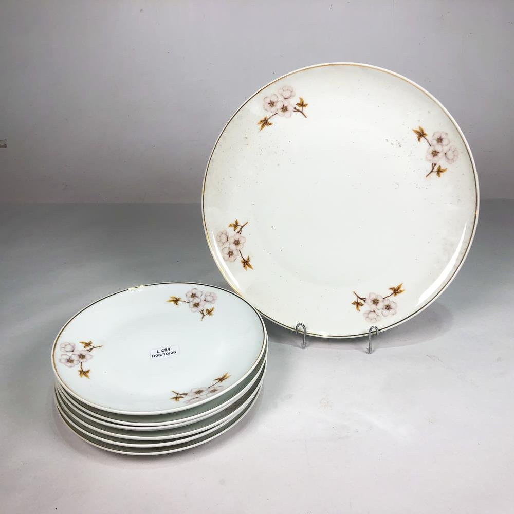 Conjunto de 7 Piezas de Porcelana Schmidt: Plato Central y Platos de Postre con Flores