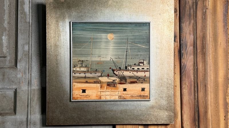 Pintura "Escena Portuaria" de Andrés Montani, Óleo sobre Fibra