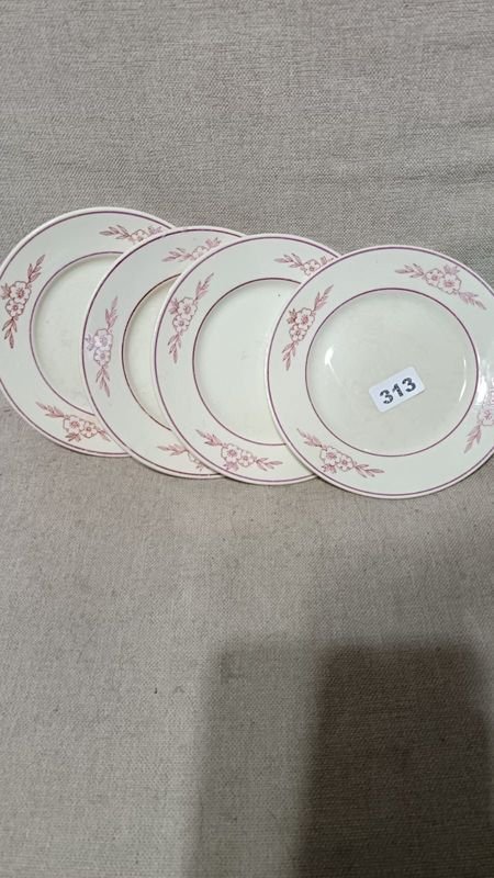 Conjunto de 4 Platos Blancos con Guarda Rosada