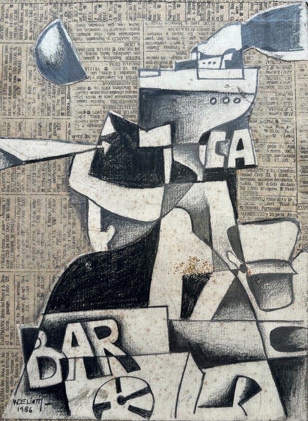 Collage y Lápiz "Ciudadano y Bar" de Walter Deliotti - 1986 - imagen 1