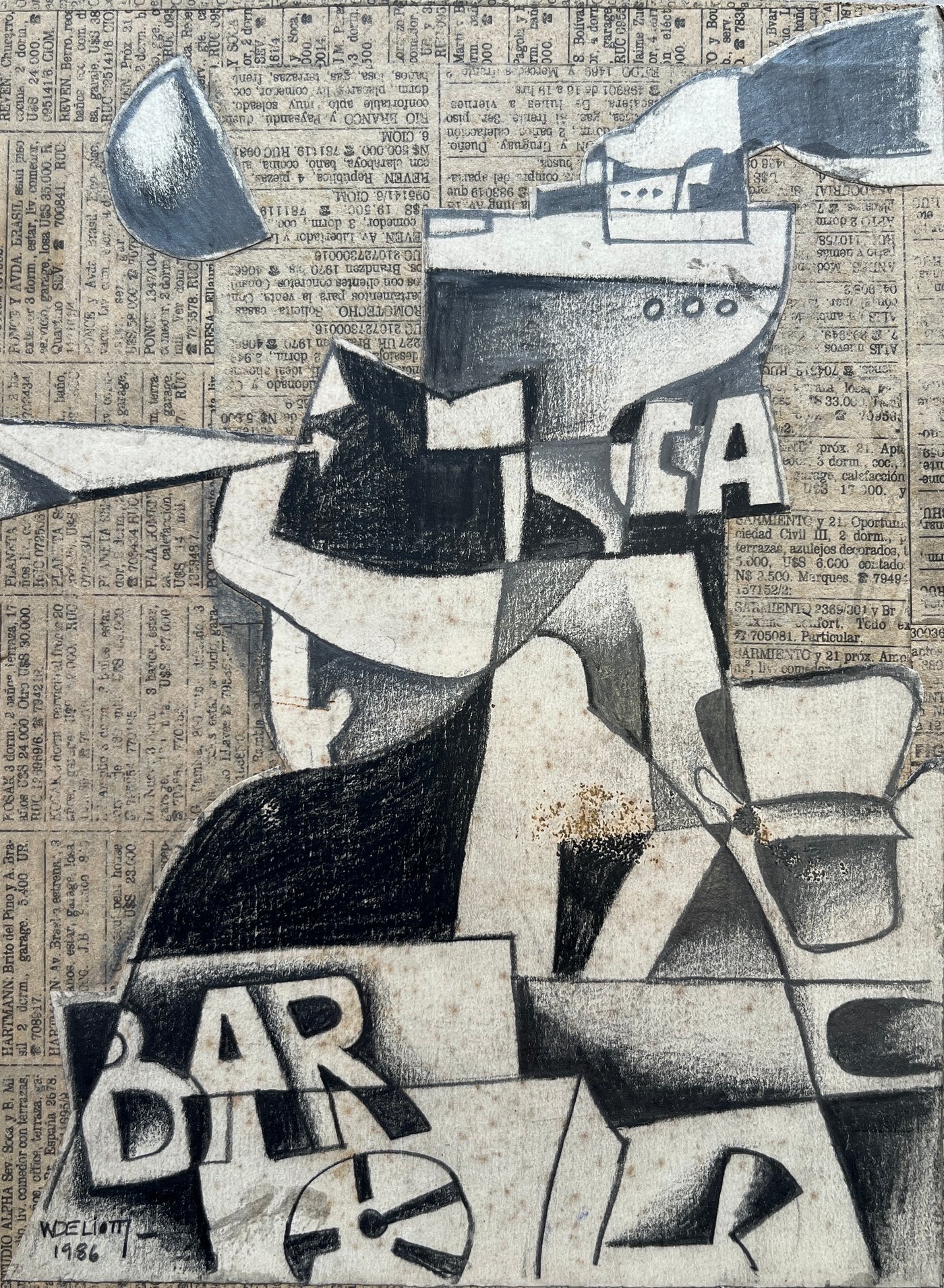 Collage y Lápiz "Ciudadano y Bar" de Walter Deliotti - 1986