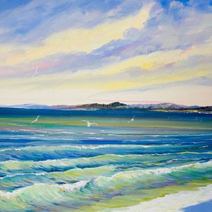 Cuadro al óleo sobre tela: Playa con marco de madera, firmado por A. Luz - imagen 4