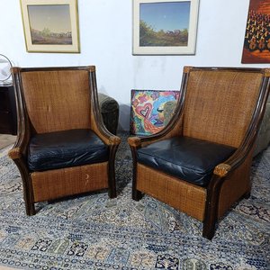 Par de Butacas Altas con Esterilla Tejida y Almohadones de Cuero - imagen 7