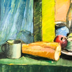 Cuadro al óleo: Bodegón de frutas, botella y pan - imagen 4