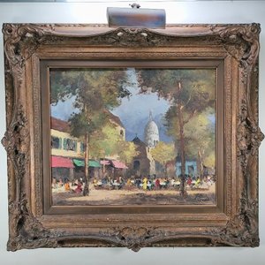 Óleo "Place du Tertre Montmartre" por J. Rigaud con Marco Labrado y Aplique de Luz - imagen 2