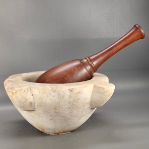 Antiguo Mortero de Mármol con Mano de Madera Noble - imagen 11