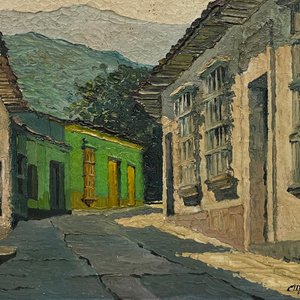 Oleo "Calle de Pueblo" de Carlos Menck Freire - 30 x 40 cm - imagen 1
