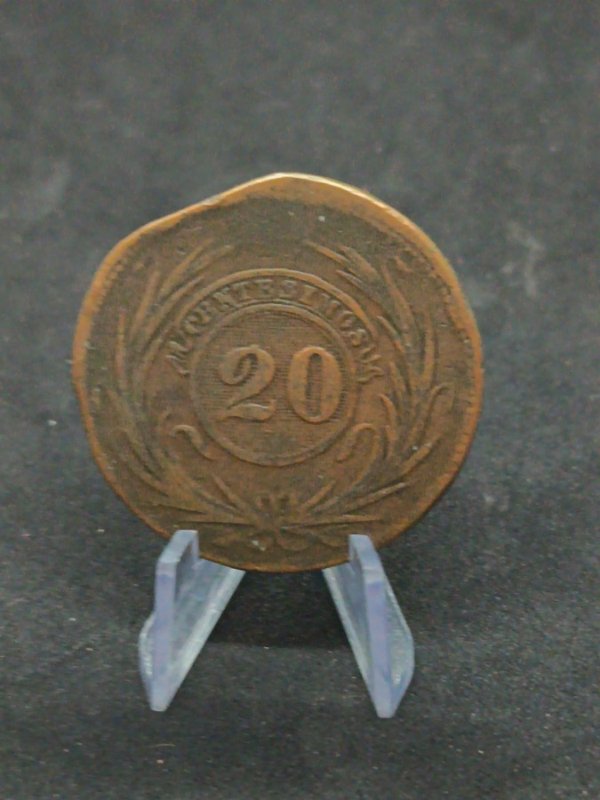 Moneda de Cobre de Uruguay 20 Centésimos Año 1844 - Marcos Silvera Variante 5.1.1 - imagen 1