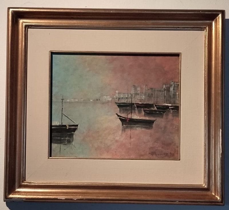 Óleo sobre tela "Barcos en el puerto" atribuido a Ernesto Capobianco