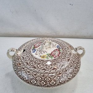 Sopera Antigua de Loza Harvard Empire England con Tapa y Decorado Floral - imagen 2