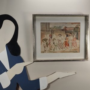 Acuarela y Lápiz "Figuras" Firmada y Fechada 1949, Marco Plateado - imagen 5