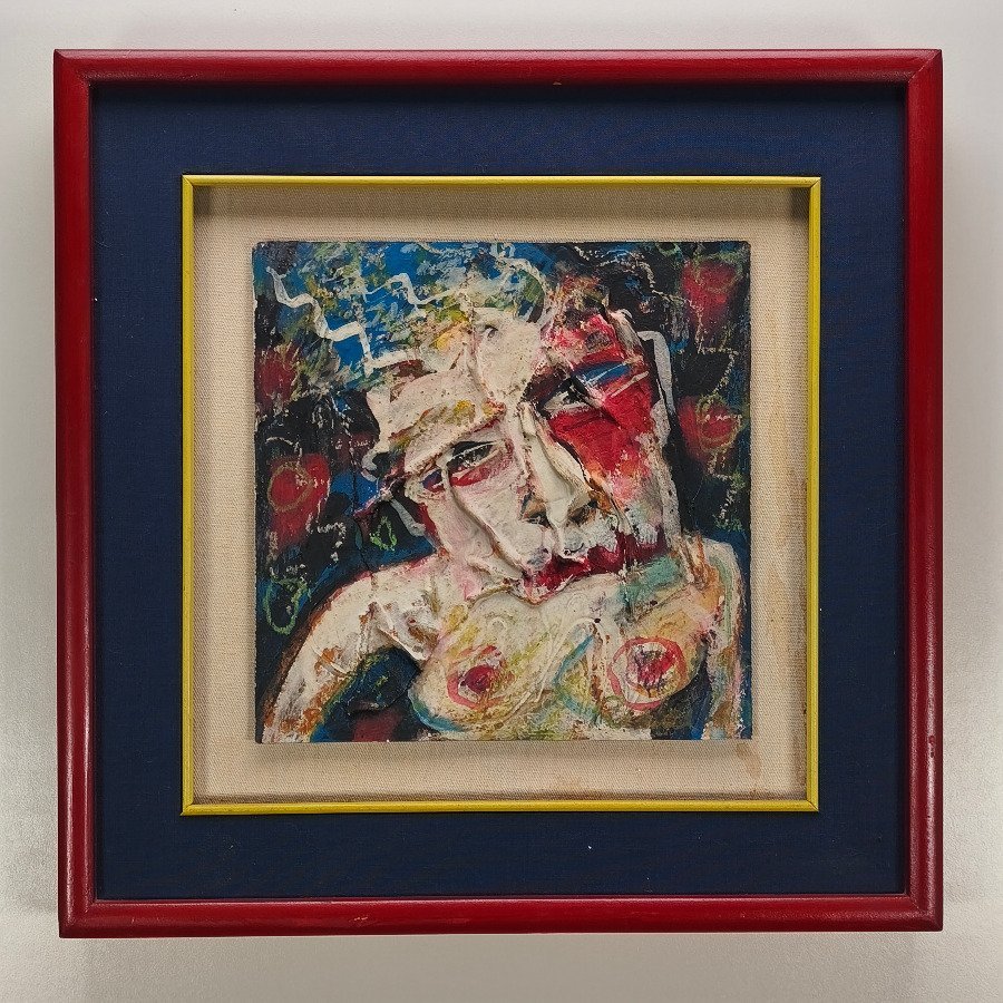 Obra de Arte Mixta Abstracta con Marco Colorido