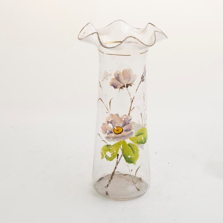 Florero de Cristal Hialino con Esmalte y Flores - 22cm