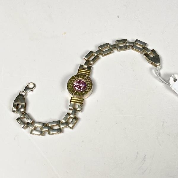 Pulsera Plata y Oro con Piedra Rosa y Detalles BVLGARI