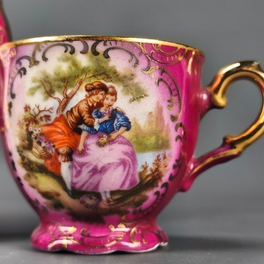 Dúo de taza y plato en porcelana alemana 'Gloria' con escena romántica fragonard - imagen 5