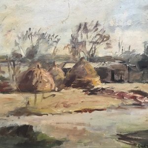 Óleo sobre lienzo "Escena Campestre" de Dante Cola con marco dorado - imagen 5