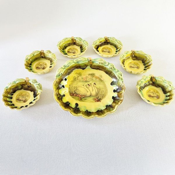 Juego de postre antiguo ornamental con cisnes pintado a mano - imagen 5