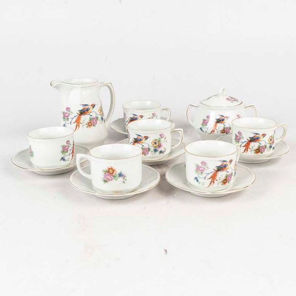 14 Piezas te porcelana, flores y pájaros y borde dorado (con desgaste). Medidas: 7.5x5.5 cm - imagen 1