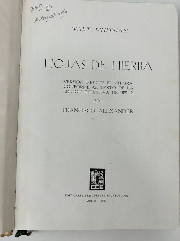 Libro de Walt Whitman - Hojas de Hierba por Francisco Alexander - 1953 Quito - imagen 2