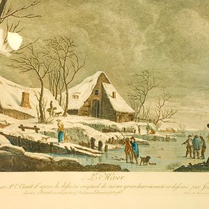 Cuadro Grabado a Color: Paisaje Invernal con Caserío y Personas - imagen 2