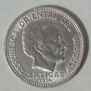 Moneda Uruguaya de Plata 20 Centésimos 1954 con Efigie de Artigas - imagen 2