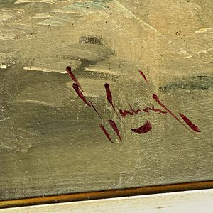 Cuadro al óleo de paisaje urbano invernal, firmado, con marco de madera - imagen 3