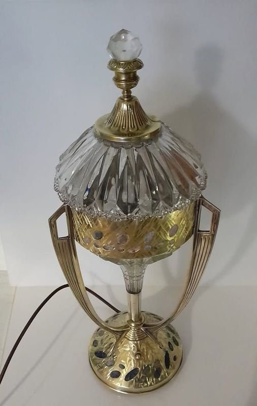 Lámpara Art Deco Antigua con Cristal Facetado y Bronce - imagen 3