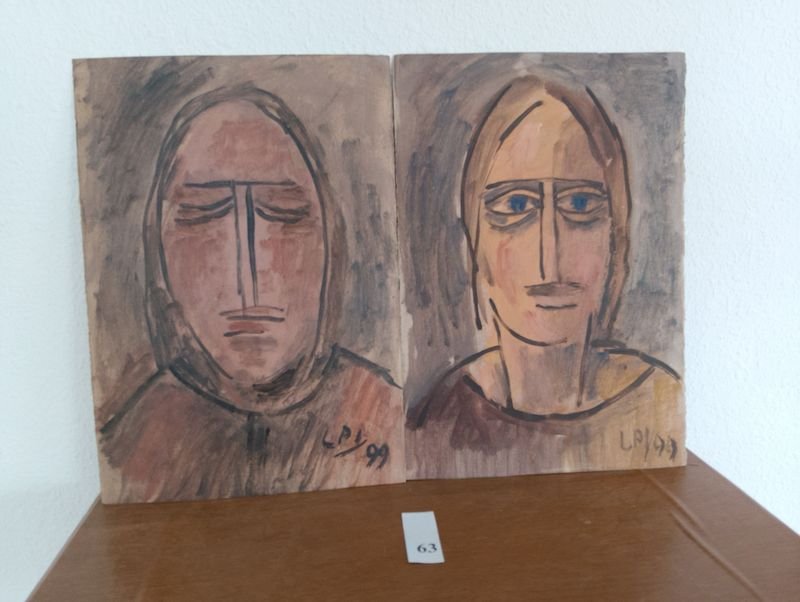 Dos retratos al óleo sobre cartón, firmados LPI '99