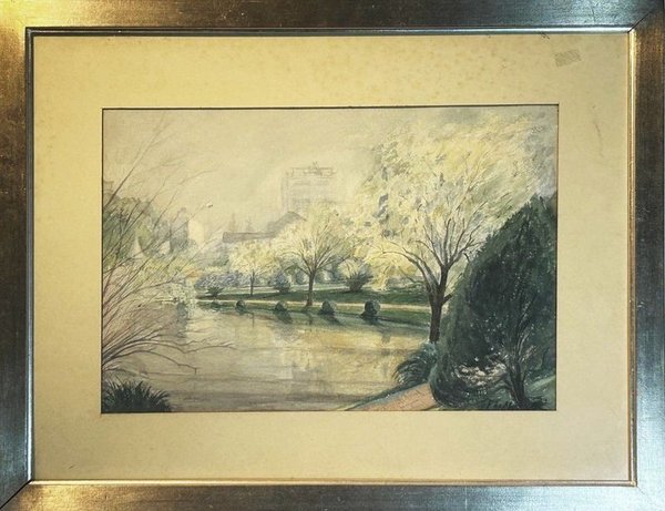 Acuarela Atribuida a Francisco L. Musetti: Paisaje Urbano con Cuerpo de Agua
