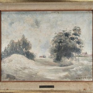 Eduardo Amezaga: Óleo sobre Fibra "Paisaje de Campo" con Marco Dorado - imagen 3