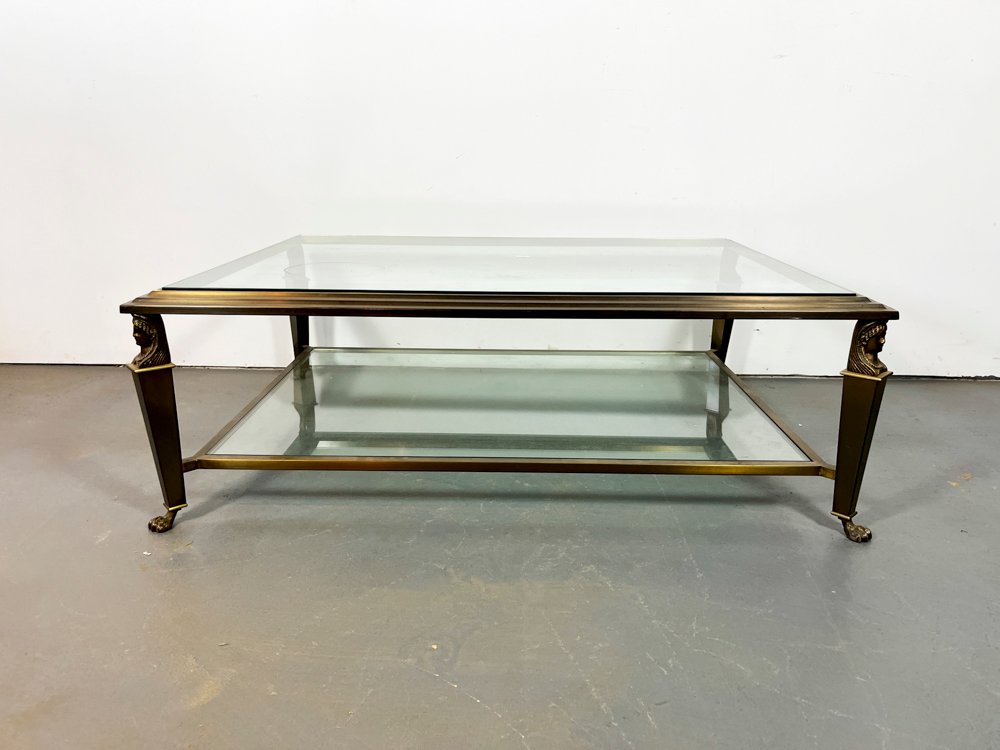 Mesa de Centro Imperio en Bronce y Cristal con Patas de Busto y Garra