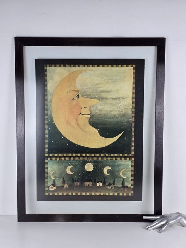 Lámina Firmada "Luna y Pueblo" con Vidrio Antirreflejo
