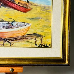 Cuadro al Óleo "Pescadores" Firmado Marta Silvia con Marco Dorado - imagen 3
