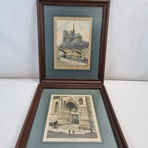 Lote siguiente: Par de Cuadros Antiguos: Notre Dame y Santa Maria del Mar