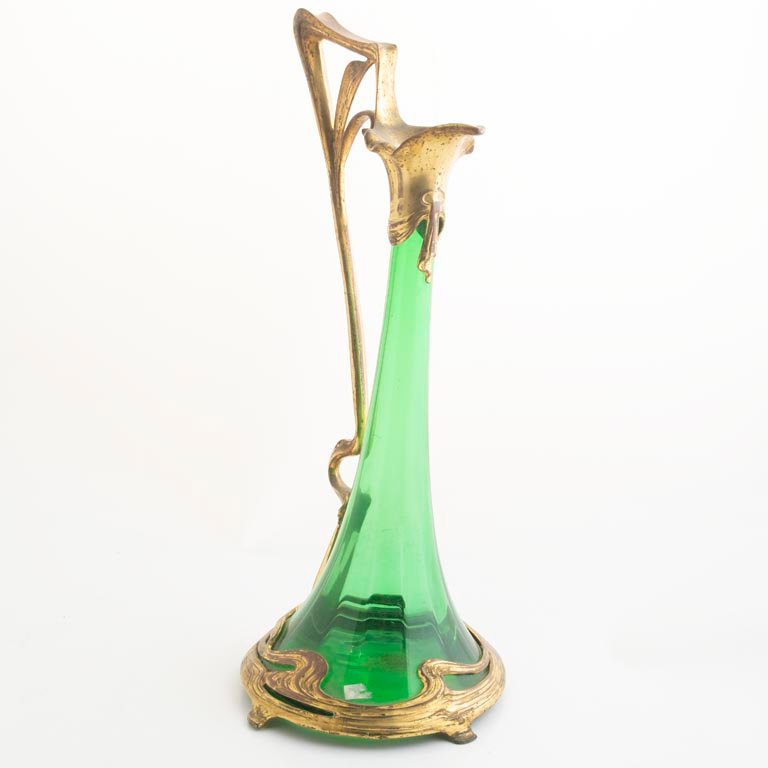 Jarra Art Nouveau Cristal Verde y Bronce - 38cm