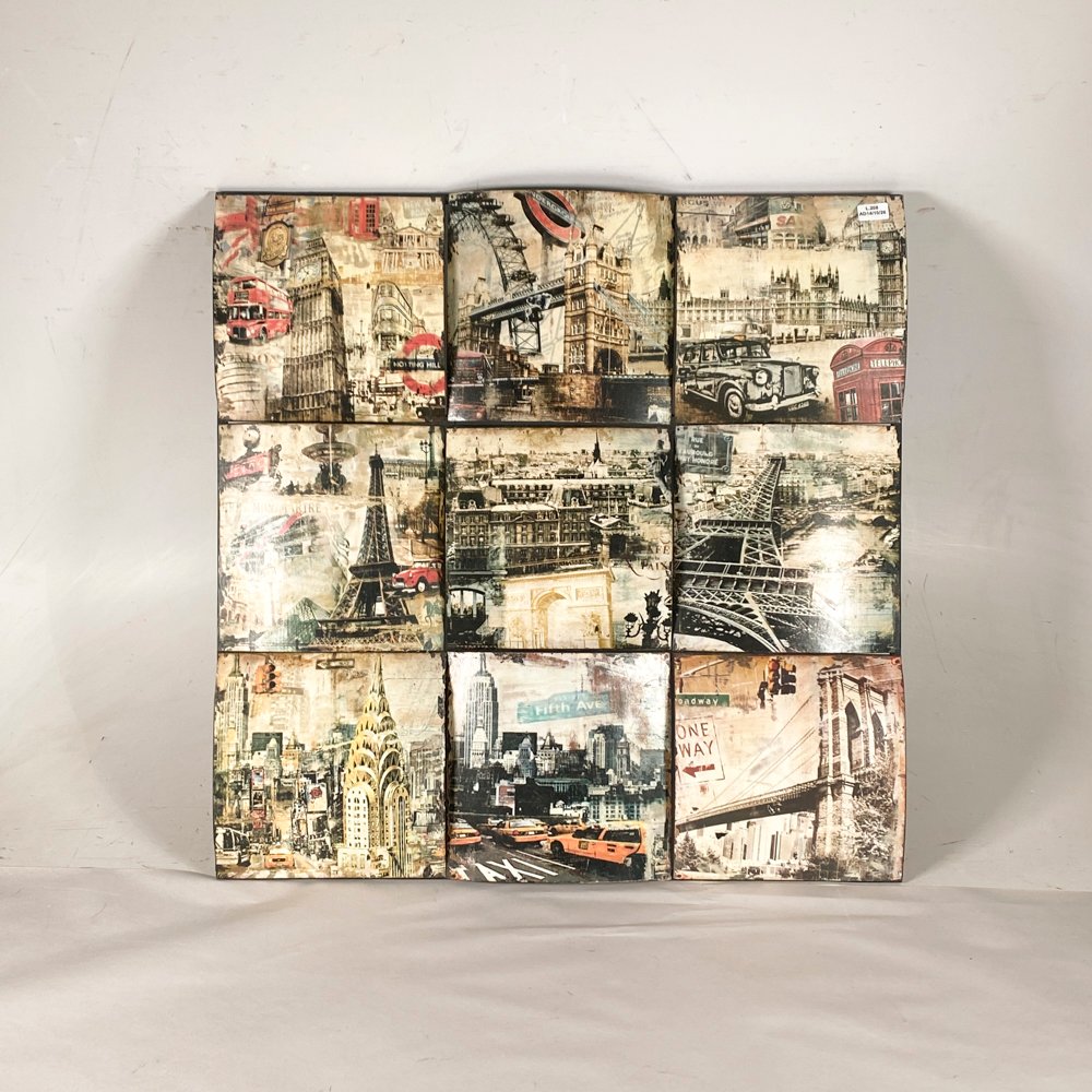 Colgante Decorativo Cuadrangular con Collage de Ciudades Icónicas