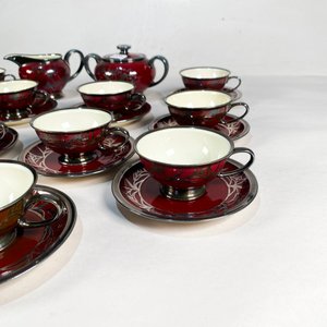 Juego de Café Porcelana Rosenthal "Winifred" Bordo con Guarda Plateada - imagen 2