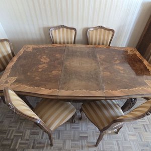 Juego de Comedor Francés Estilo Luis XV con Marquetería y Tapizado Rayado - imagen 2