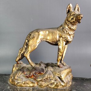 Tintero de Escritorio en Mármol y Bronce con Figura de Perro Firmada A. Marionnet - imagen 3