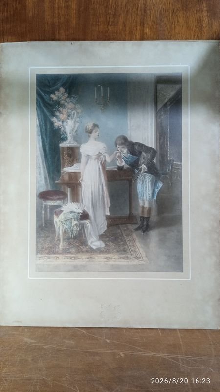 lámina enmarcada de la obra romántica de época titulada "El sello" (Das Siegel / The Seal) del pintor austríaco Johann Hamza - 29x38